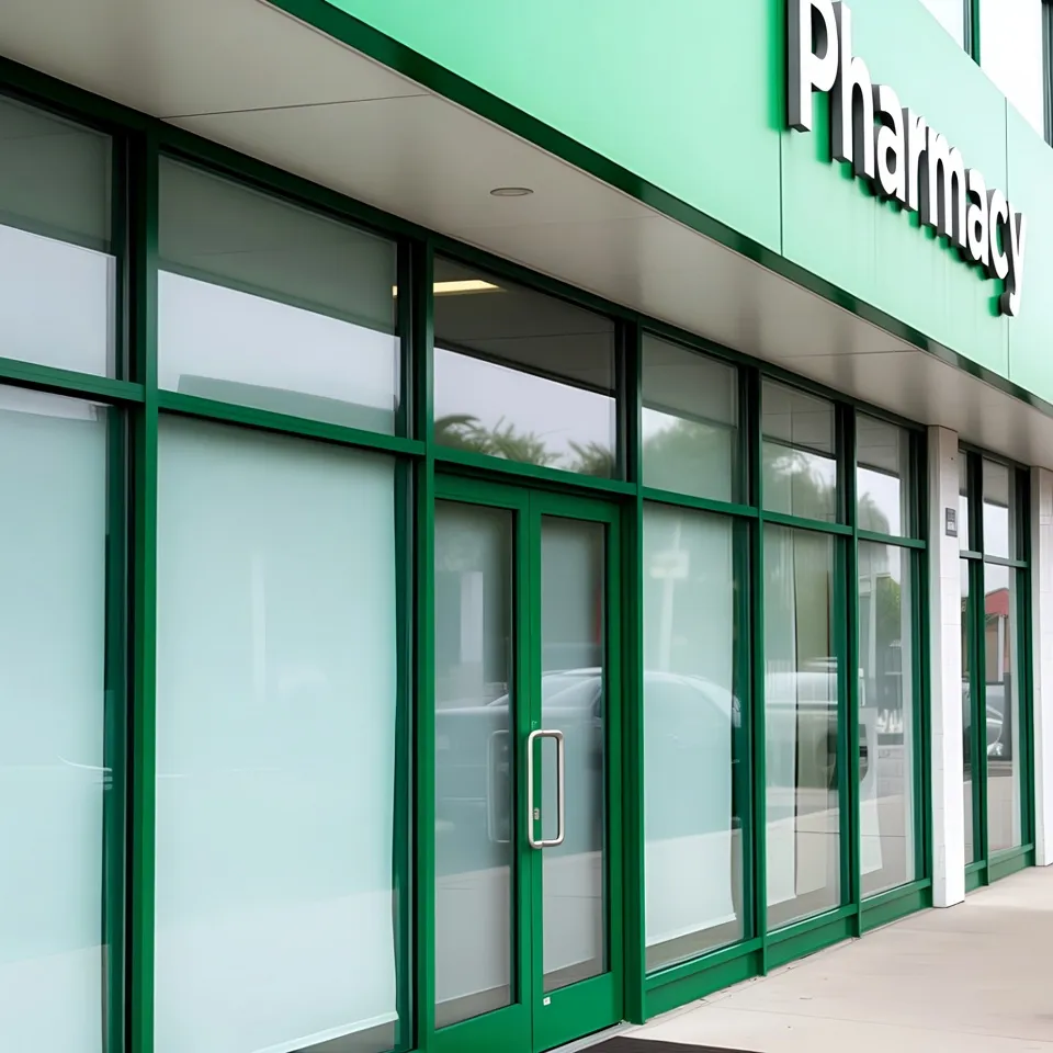 Pharmacy storefront with bright green window frames.