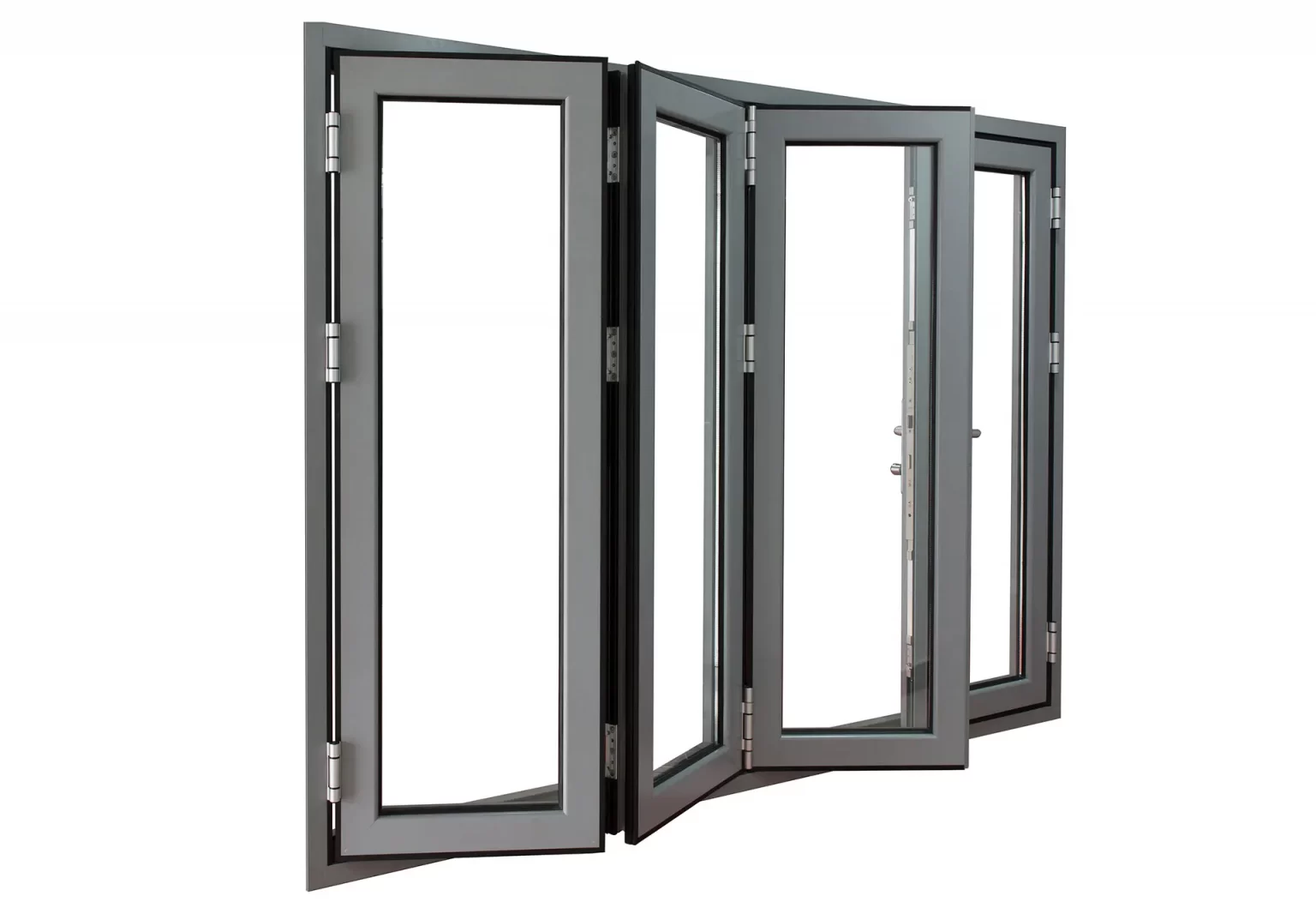 Four-panel aluminium bi-fold doors, partially open and folded, with a light grey frame.