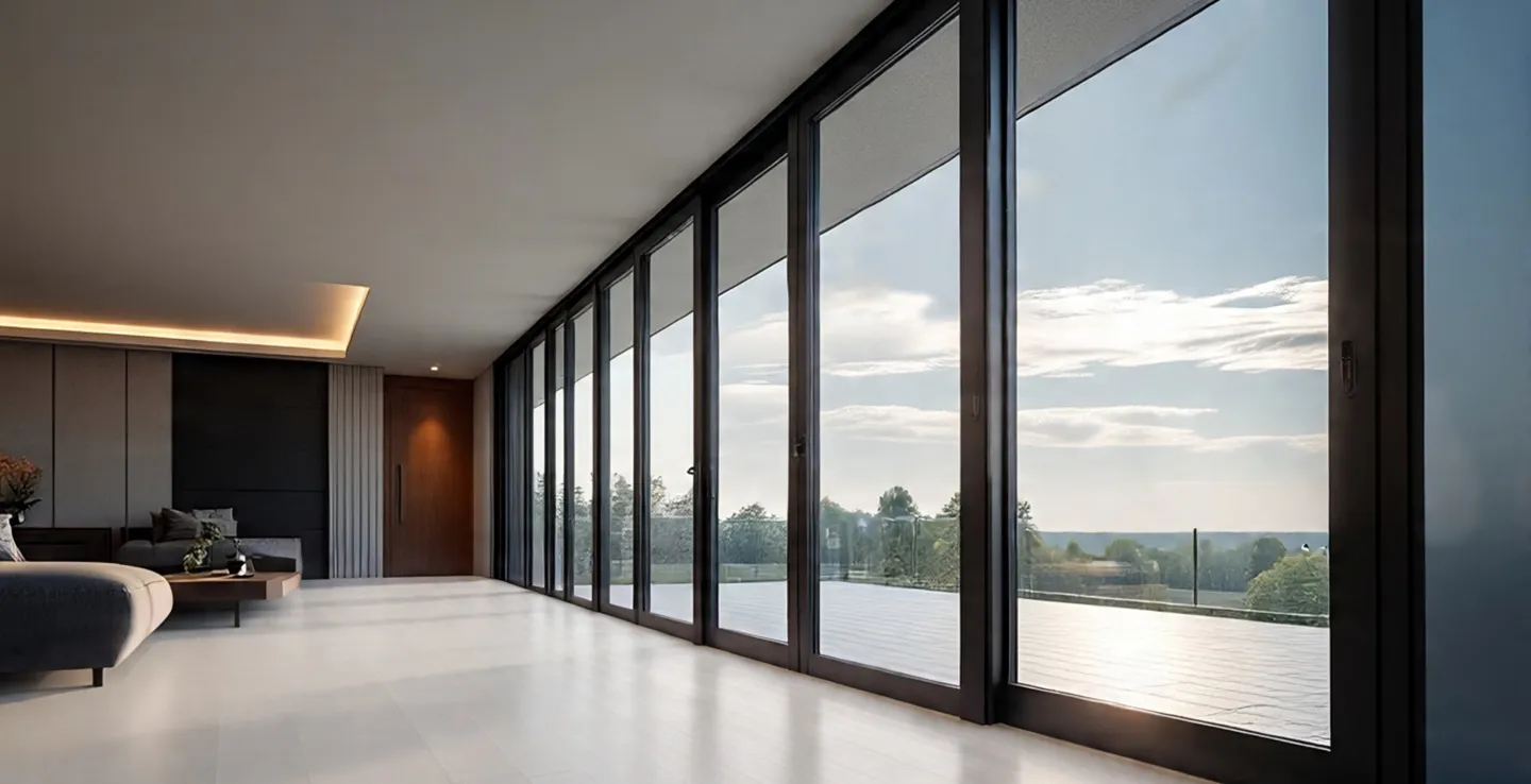 Modern room with long wall of black-framed glass doors to the outside.
