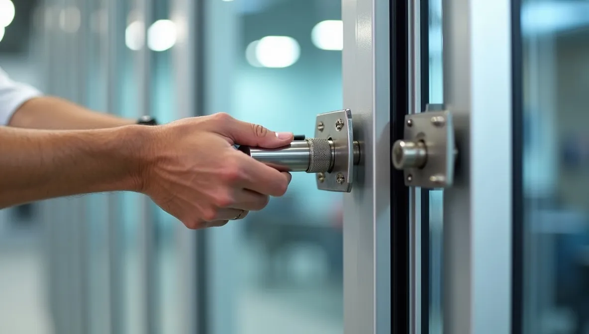 Hands operating the metal handle and locking mechanism of a silver-framed glass door.