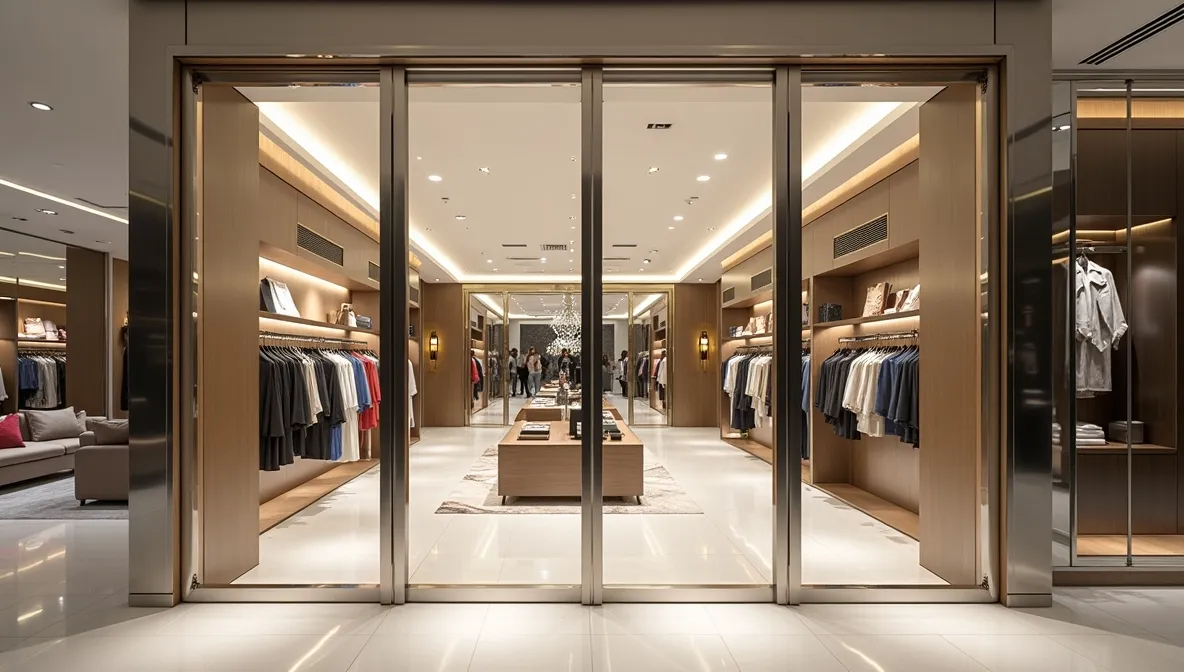 Stainless steel concertina doors in a high-end retail store interior.