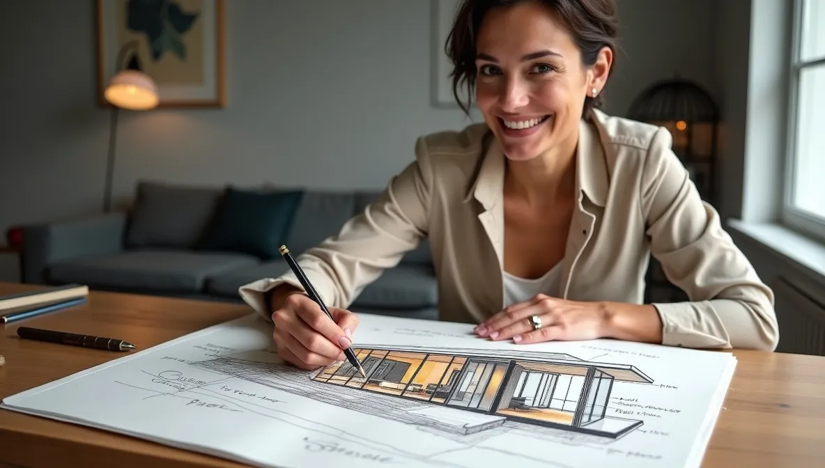 Architect sketching a luxury modern home with open façade and large windows.