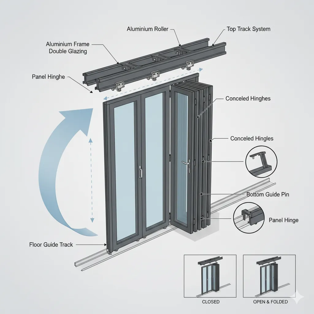 Diagram showing how aluminium concertina doors fold and slide along their track system.