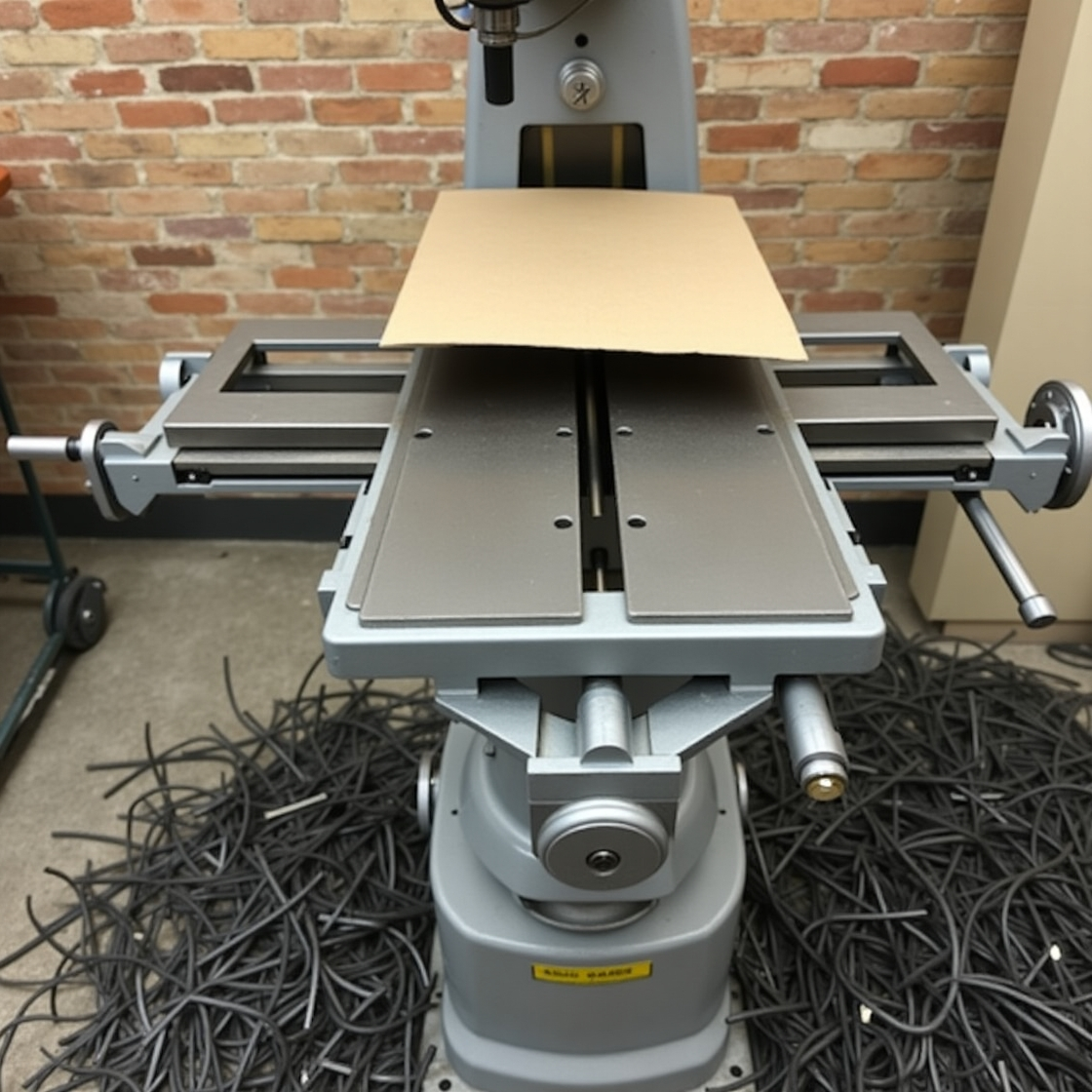 Grey industrial machine with a horizontal table, surrounded by a pile of black cords.