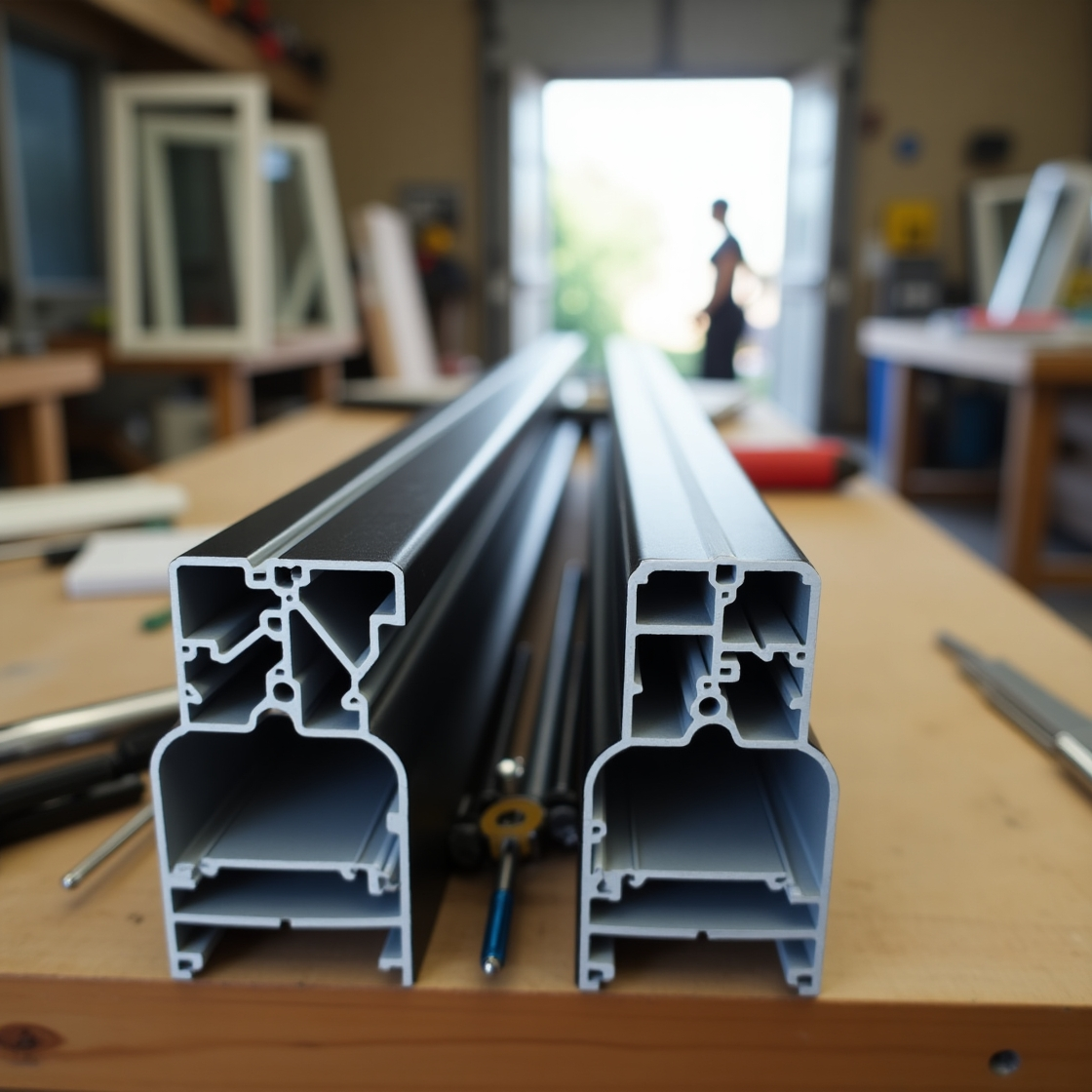 Cross-section of black and silver aluminium profiles in a workshop.