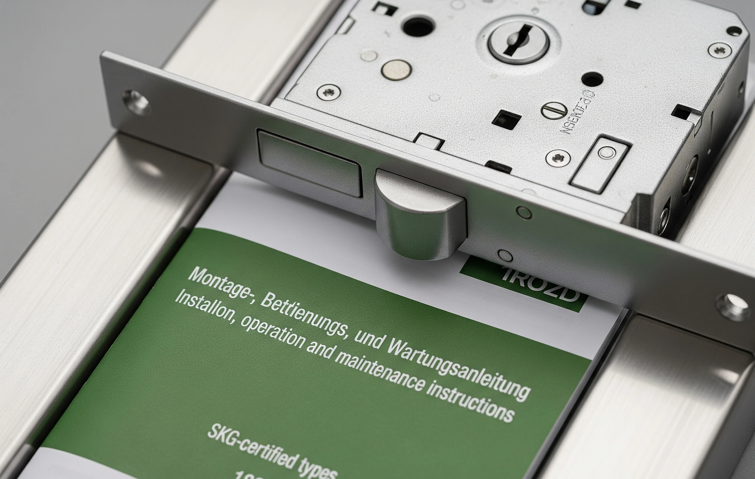 Mortise lock mechanism and faceplate resting on an instruction manual.