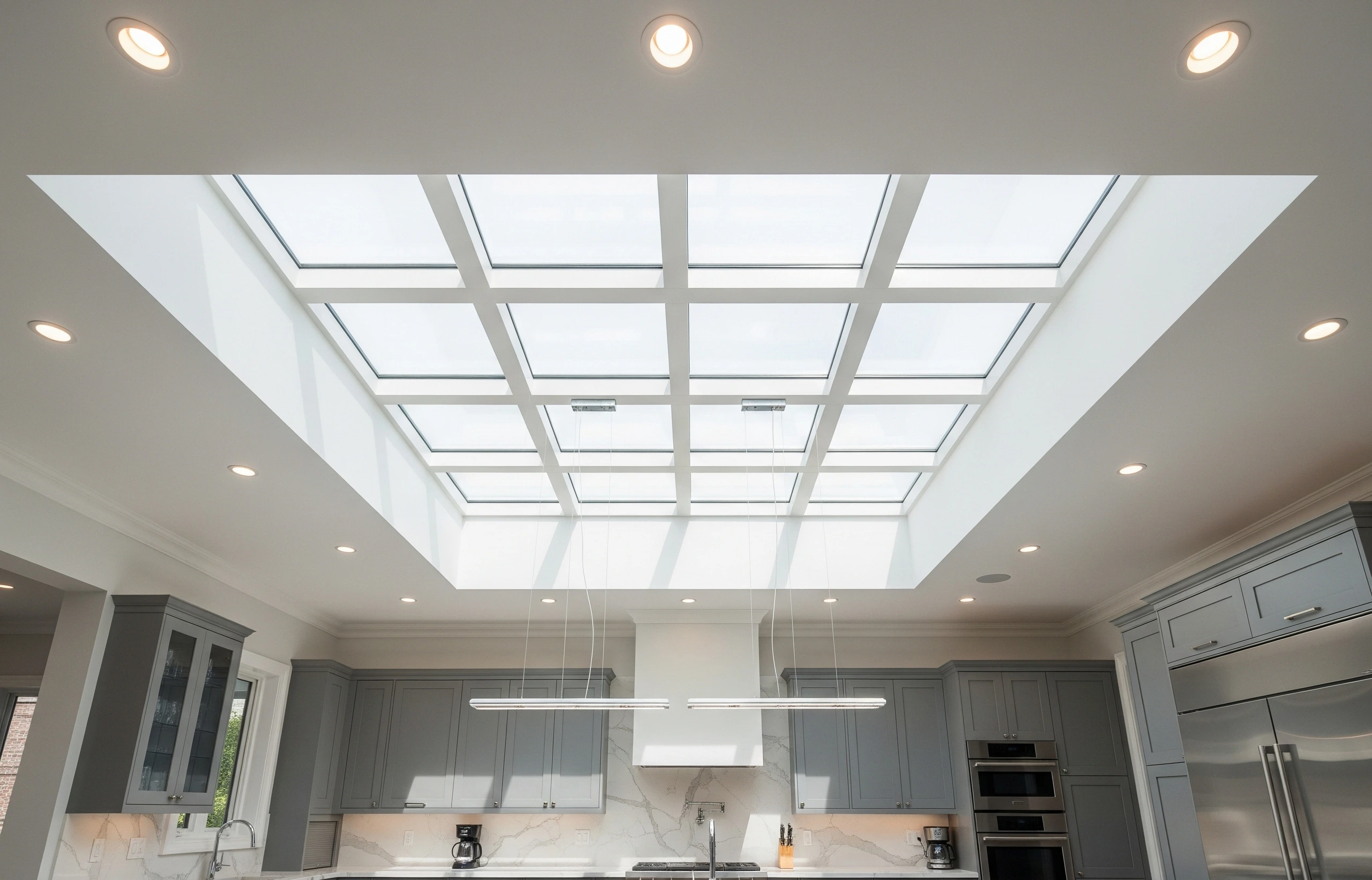 Modern kitchen with a large, rectangular grid-patterned skylight and grey cabinetry.