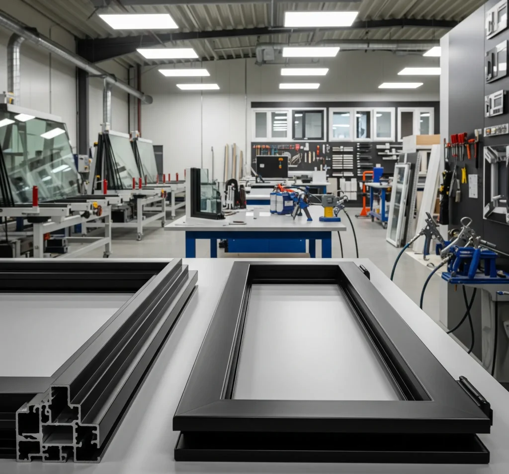 Workshop interior showing black aluminium door frames on a table.