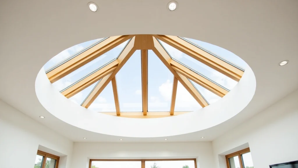Close-up of a circular roof lantern with natural wood frames, viewed from the bright interior below.