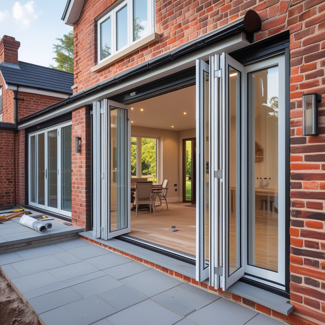 Rear view of a red brick house extension featuring a set of white bi-fold doors fully opened to a patio, revealing a bright interior.