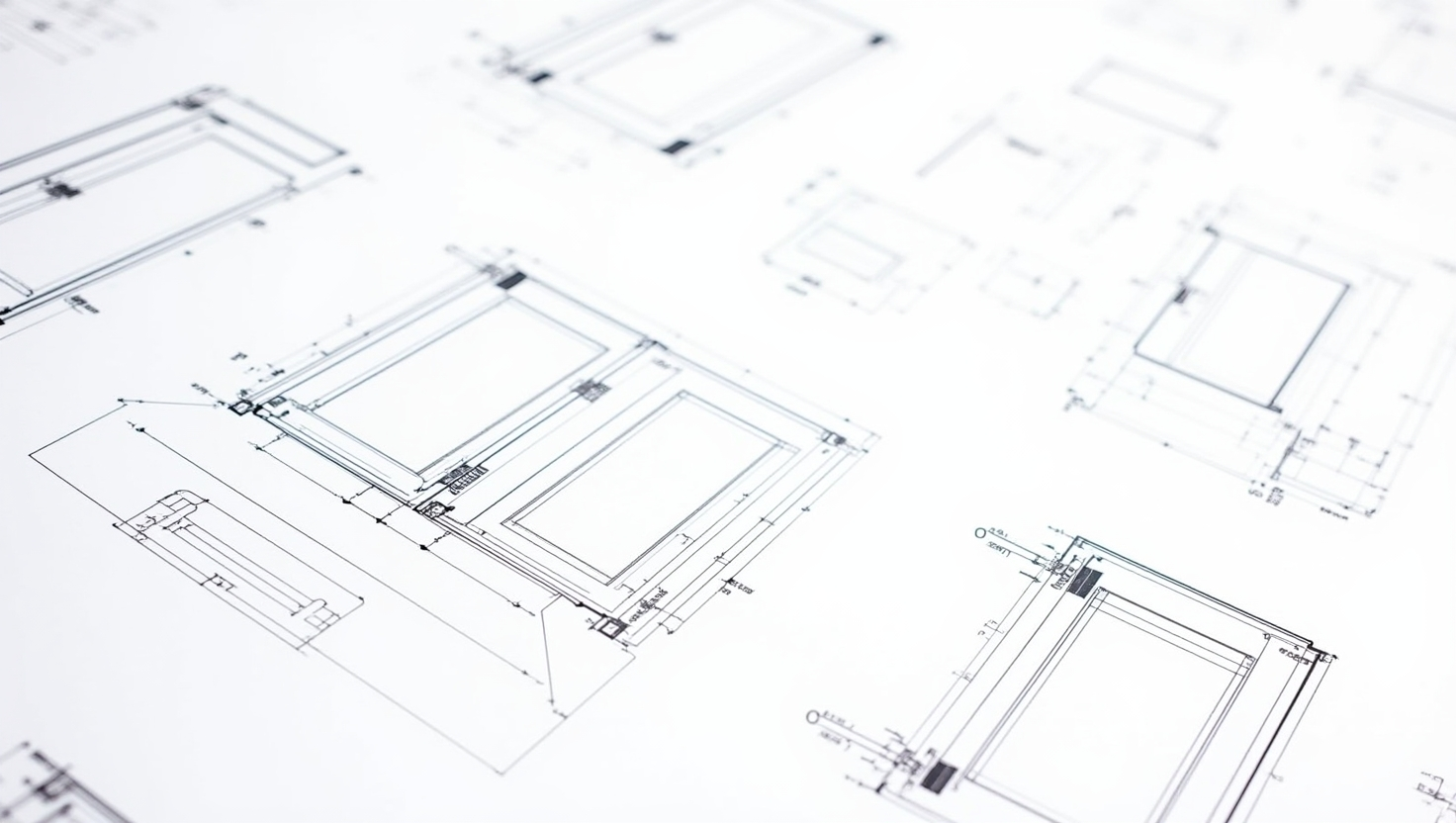 Close-up of a technical blueprint sheet showing detailed drawings of window cross-sections and technical profiles.