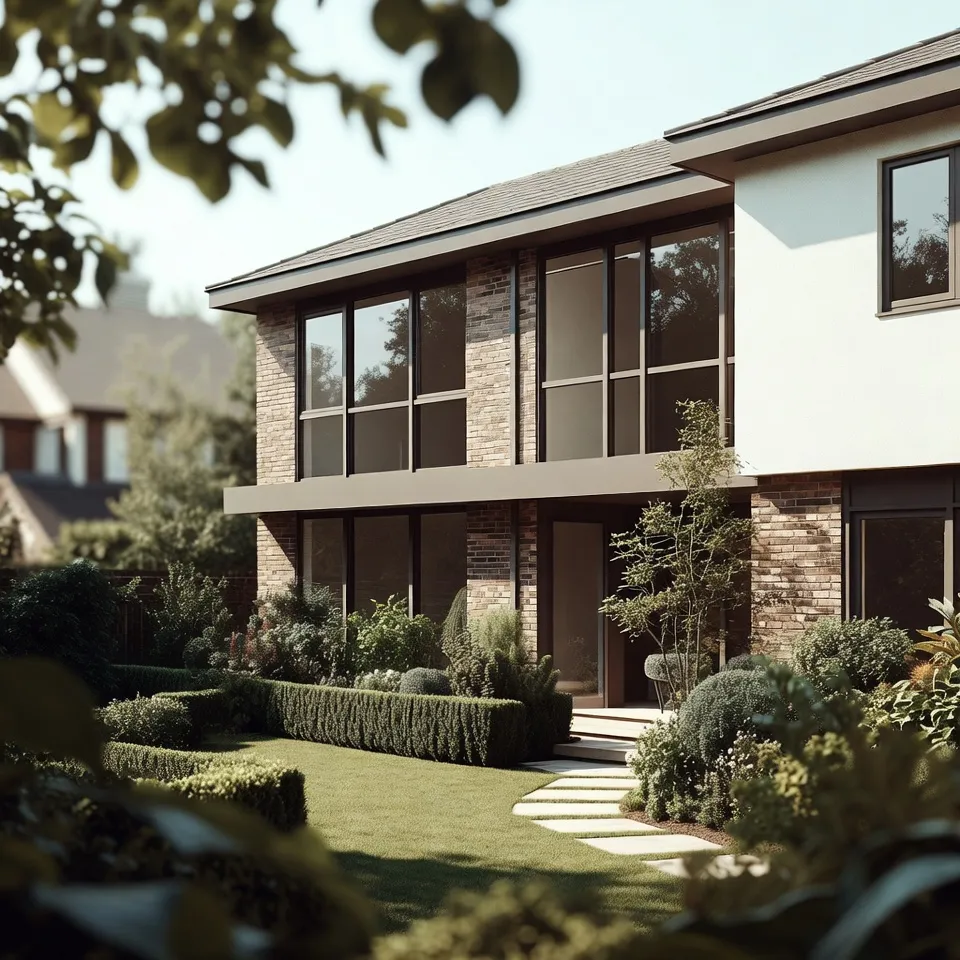 Modern brick house with large dark-framed windows.