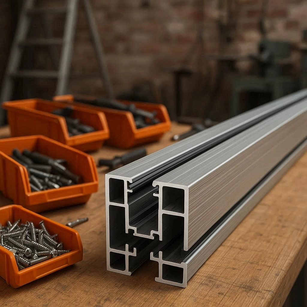 
Close-up of a silver aluminium profile (extrusion) on a wooden workbench, with orange bins holding screws and hardware in the background.