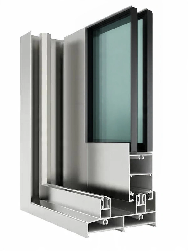 Technical cross-section of a double-glazed aluminium sliding door profile.
