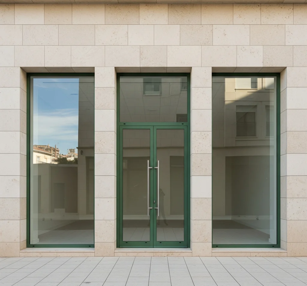 Commercial building entrance with green-framed glass doors and flanking windows in a stone wall.