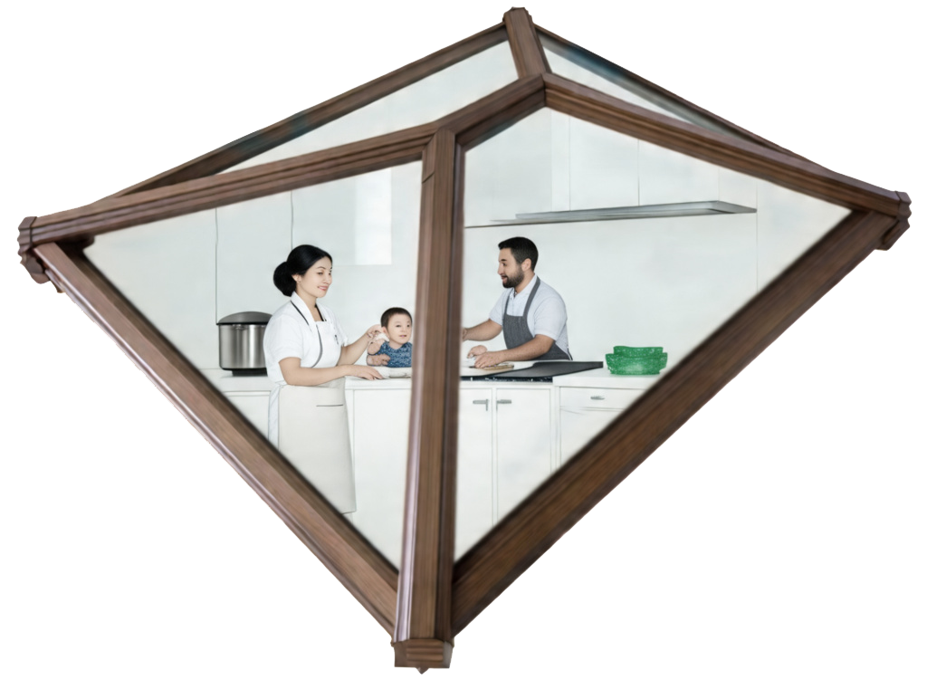 Diamond-shaped woodgrain roof lantern showing a family in a kitchen reflection.