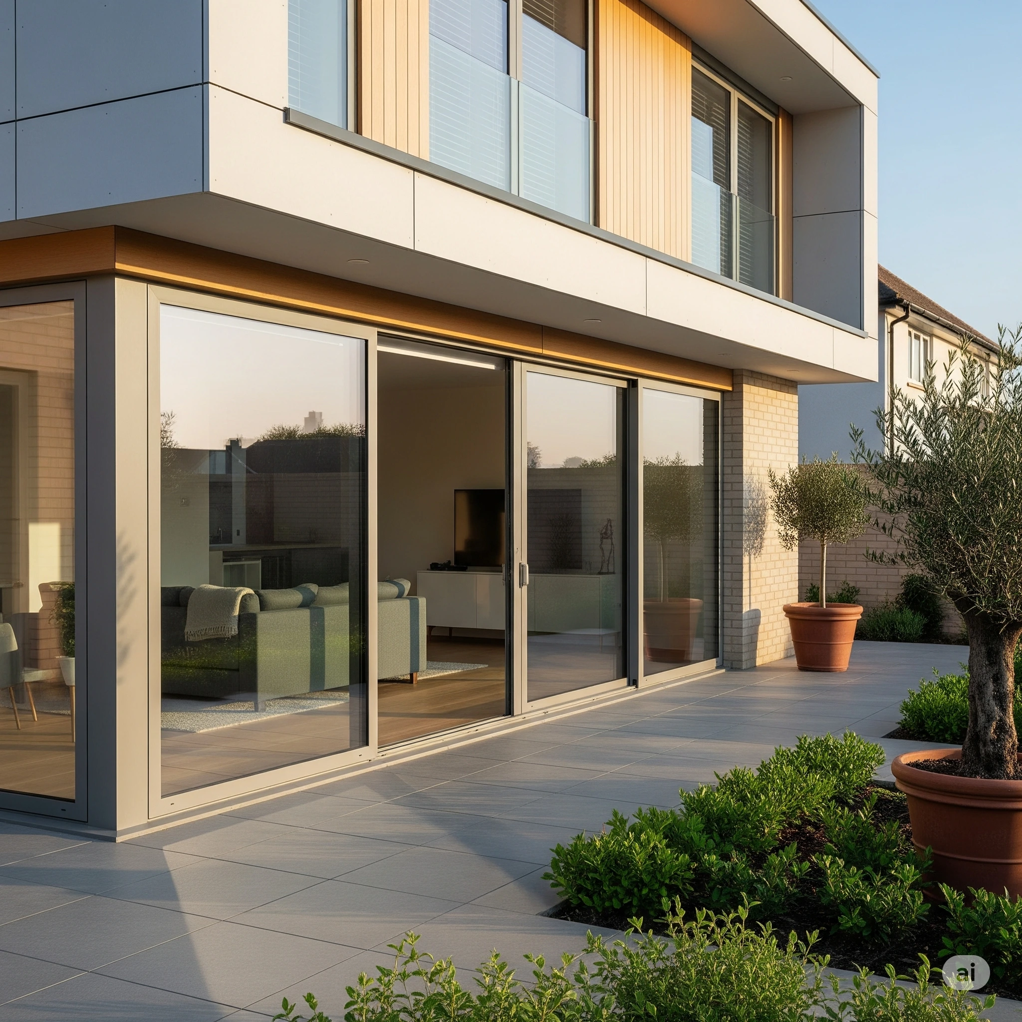  Contemporary house exterior featuring large, grey-framed patio sliding doors opening to a garden.