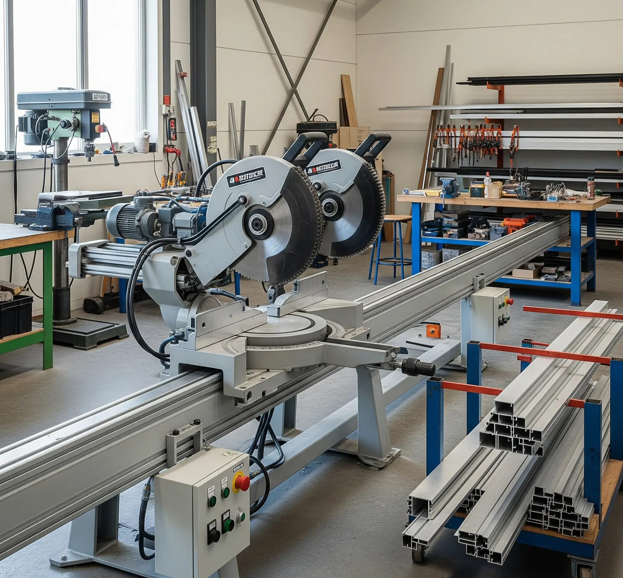 A large double mitre saw machine for cutting aluminium profiles in a manufacturing workshop.