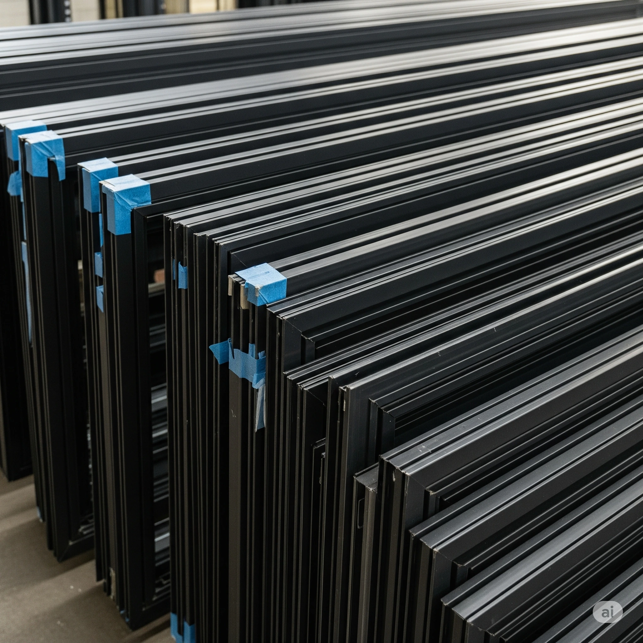 Stack of manufactured black aluminium window or door frames with protective blue corner pieces.