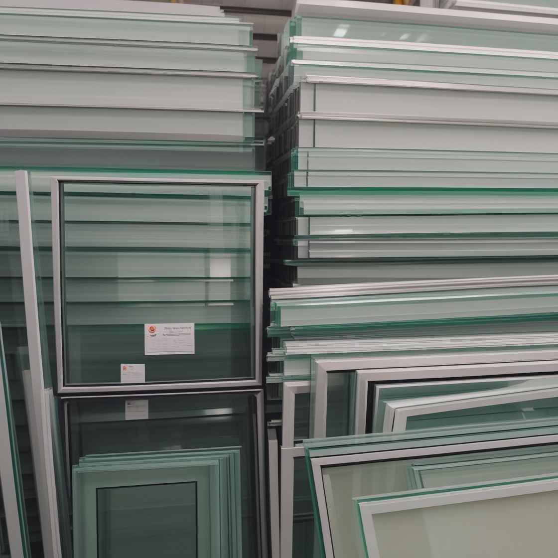 Stack of manufactured glass window units with light-colored frames, ready for installation.