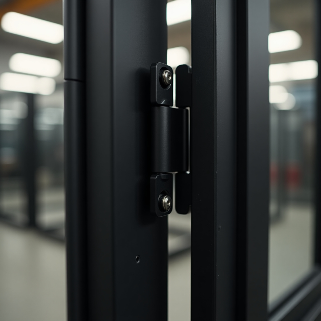 Close-up of a black metal door or window hinge on a modern frame.