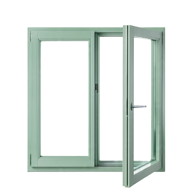 uPVC window in a light green finish, demonstrating the casement style operation for ventilation.