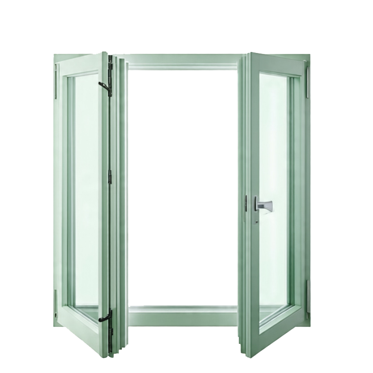 Modern aluminum bi-fold door in a pastel green finish, on a transparent background.