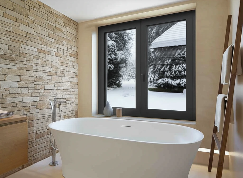 Energy-efficient black window providing light and insulation in a stone-accented bathroom during winter.