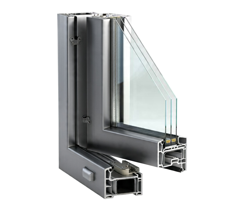 Technical view of a high-efficiency window profile, highlighting the seals, hardware, and three panes of glass.