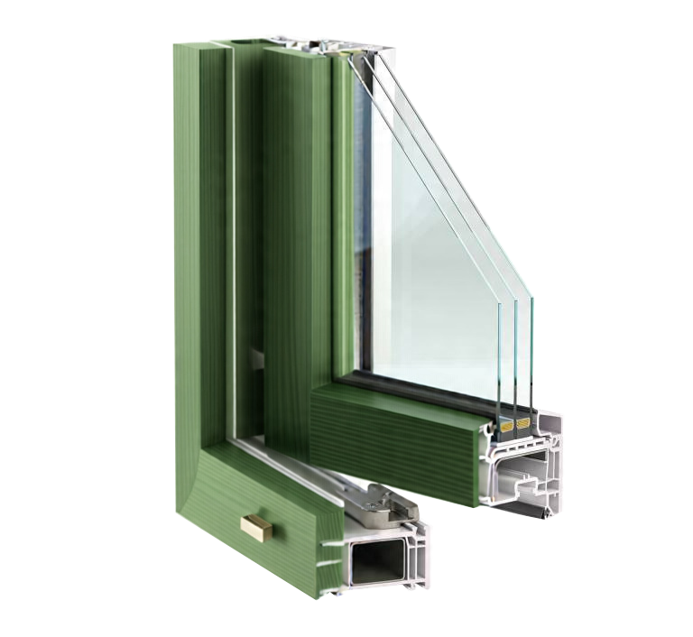 Green uPVC/aluminum window frame cross-section, illustrating the thermal efficiency of the triple glazing.