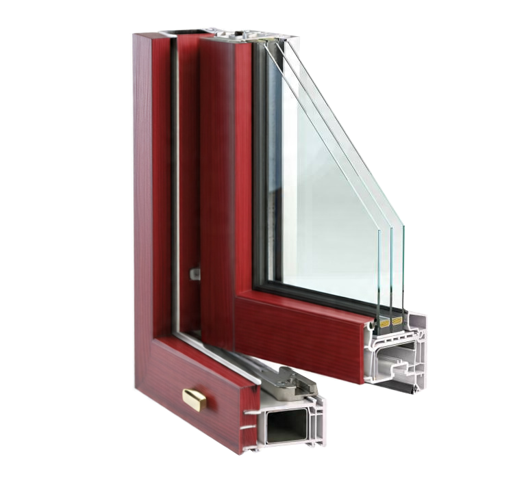 Triple glazing construction detail in a wood-effect red window profile for high energy efficiency.