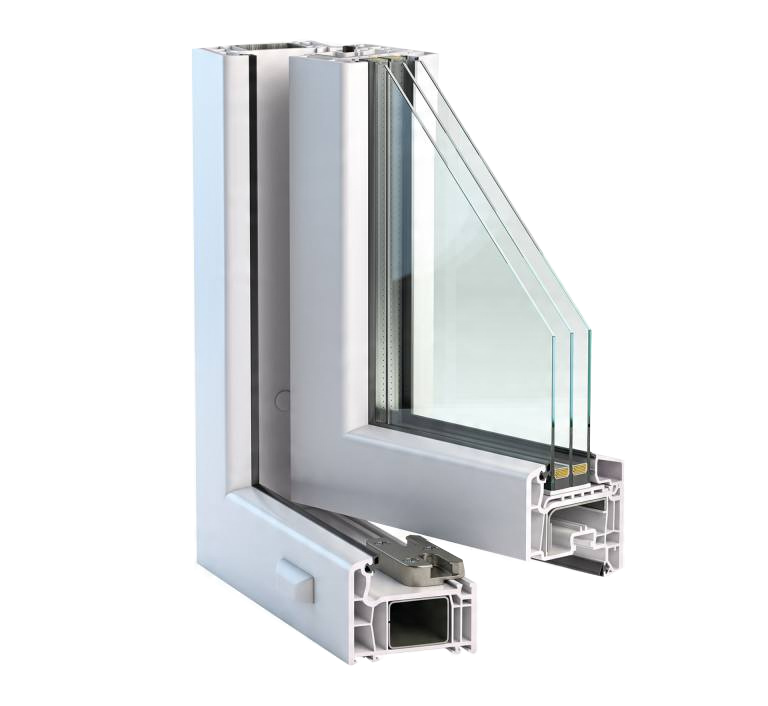 White uPVC window cross-section demonstrating triple glazing for superior thermal insulation and energy savings.
