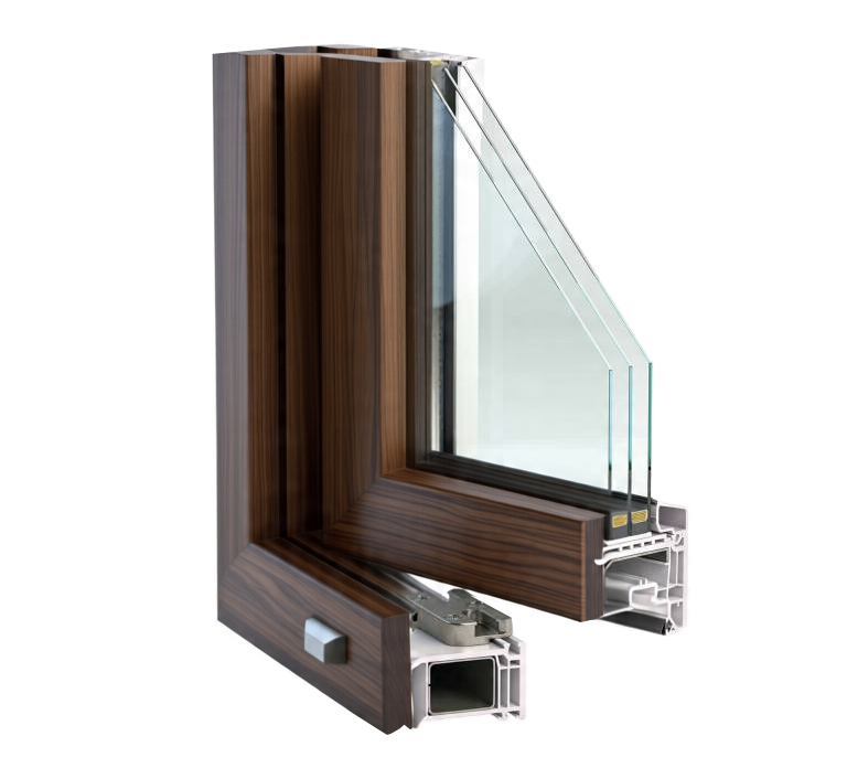Dark walnut-effect window profile cross-section, showing the three panes of glass for high thermal efficiency.