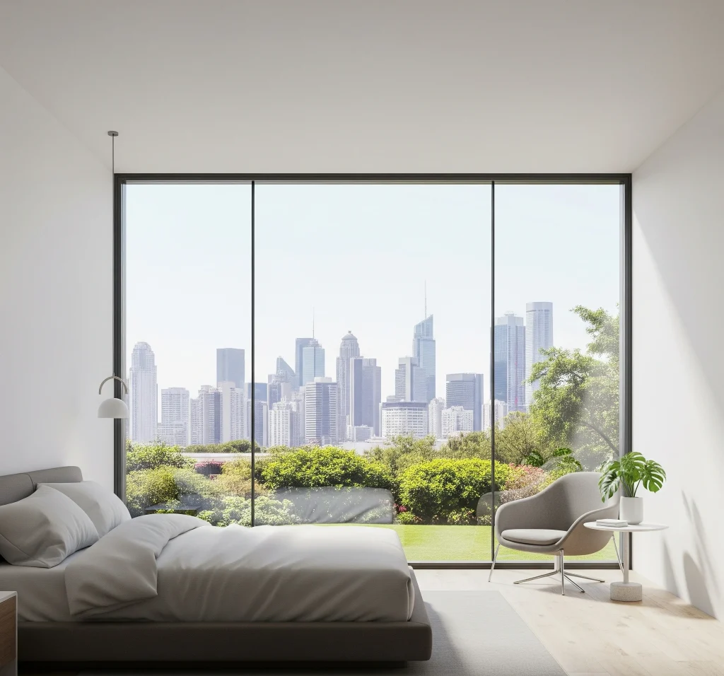 Minimalist aluminum framed window wall system for luxury homes, offering maximum natural light and views over the ocean.