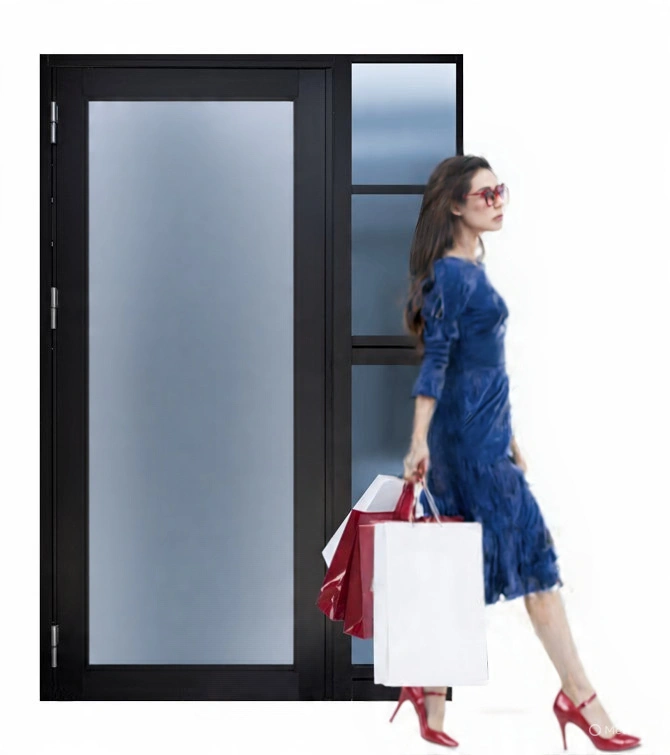 Modern glazed residential entrance door and frame in black, highlighting the product in a retail or home setting.