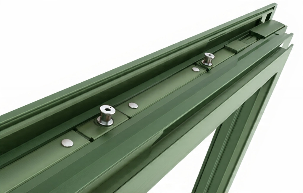 Technical view of the window hinge hardware and weather sealing groove in a matte green frame profile.