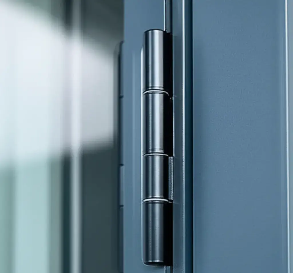 Technical view of a high-security, adjustable barrel hinge on a metal door profile.
